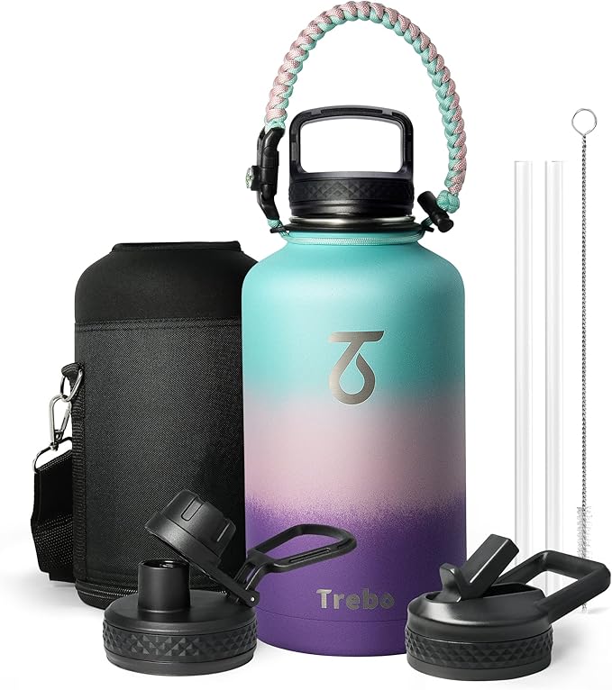 Trebo Water Bottle Insulated with Lid and Straw, Triple Wall Vacuum Stainless Steel Metal Tumbler Sports Flask with Paracord Handle, Keep Cold 48 Hours Water Cup with 3 Lids, Hydrangea