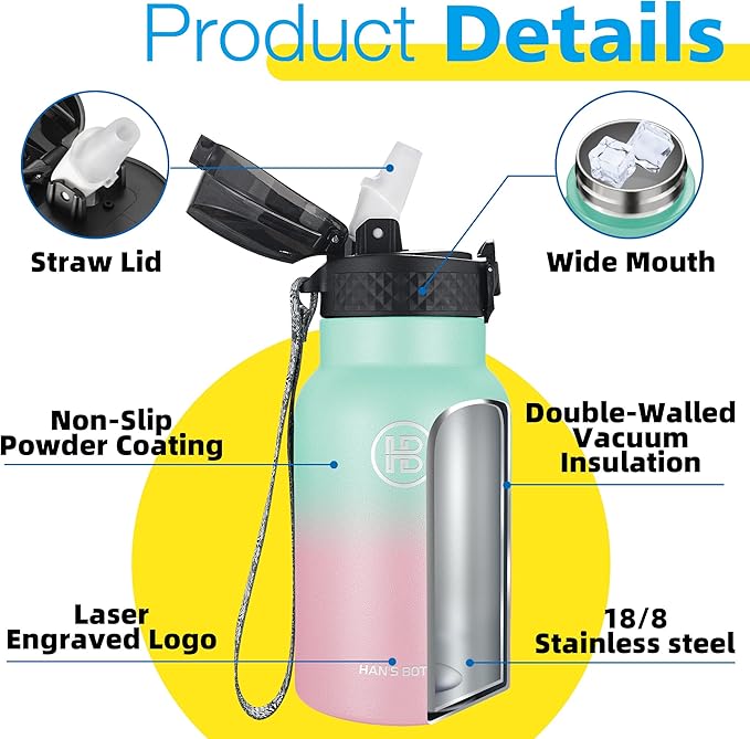 Han's Bottle Kids Water Bottle with Straw Lid - Insulated Stainless Steel Reusable Tumbler for Girls,Boys,Thermo Mug,12oz,Bubble Gum