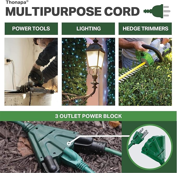 Thonapa Outdoor Extension Cord 100 FT with 3 Outlets - 16 Gauge Green Extension Cord with Multiple Outlets, 3 Prong Weatherproof 16/3 Great for Landscaping, Gardens, Lawn, Lights Decoration