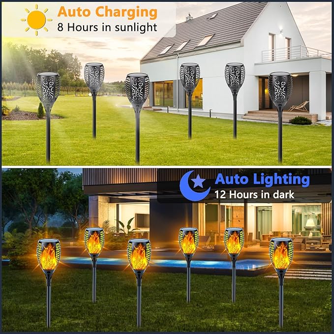 Upgraded 8 Pack Super Larger Size Solar Torch Lights with Flickering Flame, Extra Bright Solar Lights Outdoor Waterproof, Solar Flame Lights Outdoor Solar Tiki Torches for Garden Pathway Auto On Off