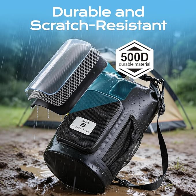 Rynapac 10L Waterproof Dry Bag with Bottle Holder & Mesh Pocket, 500D PVC Tarpaulin Roll Top Dry Sack with Inner Waterproof Adsorption Film, Dry Storage Bag for Kayaking, Boating, Beach, Camping