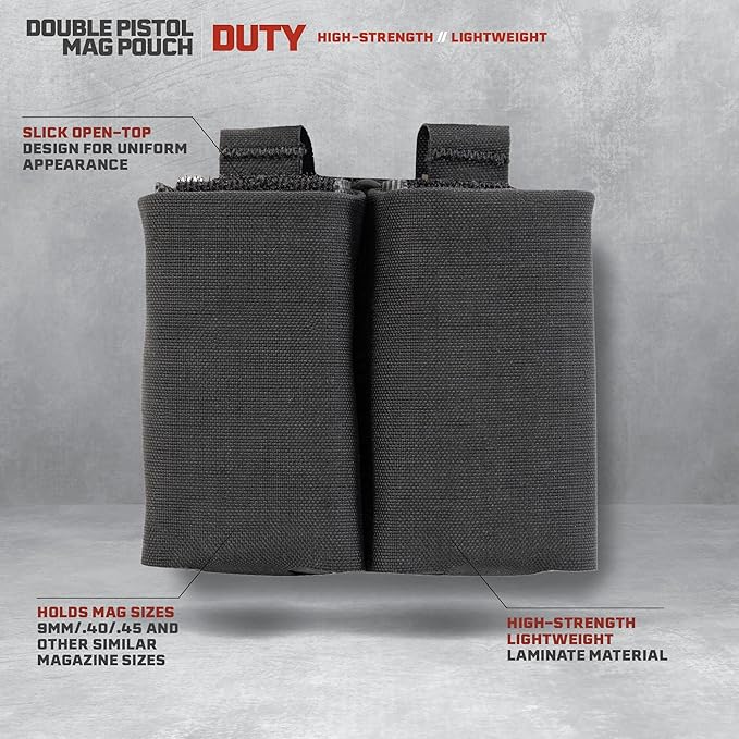 Double Pistol Magazine Pouch, Black, High-Strength Laminate Material, MOLLE Compatible, Magazine Retention System