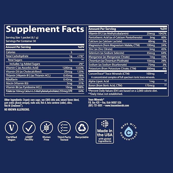 Trace Minerals | Power Pak Electrolyte Powder Packets | 1200 mg Vitamin C, Zinc, Magnesium | Boost Immunity, Hydration and Natural Energy | Tangerine | 30 Packets
