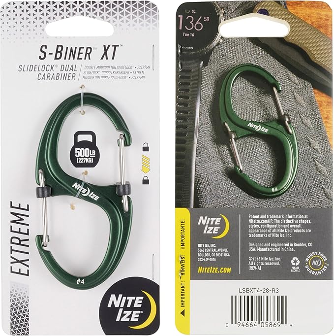 Nite Ize S-Biner XT SlideLock Dual Carabiner - Working Load Limit of 500 lb - Heavy-Duty Locking Carabiner - Durable Aluminum Body & Independent Gates - Camping, Travel & Everyday Carry