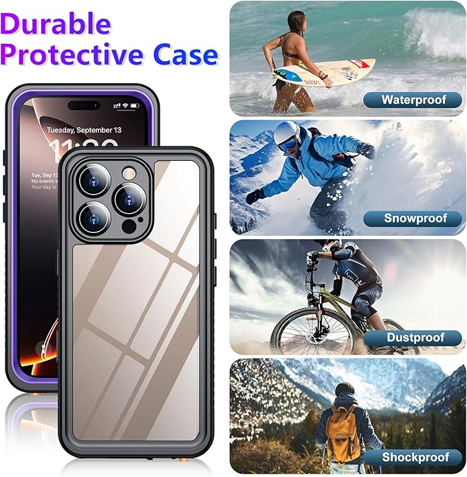 Temdan Compatible with iPhone 16 Pro Max Case Waterproof, Built-in Screen & Camera Protector IP68 Underwater Full Body 16FT Military Dropproof Shockproof Phone Case 6.9"-Purple/Clear