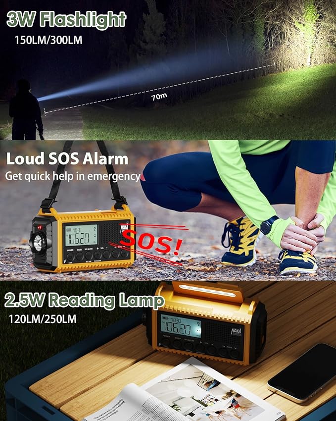 Emergency Radio,Hand Crank NOAA Weather Radio with 12000mAh Rechargeable Battery, LCD Display,Auto Alert,AM/FM/Shortwave,SOS,USB Charging Port,Flashlight,Portable Solar Radio for Power Outage/Survival