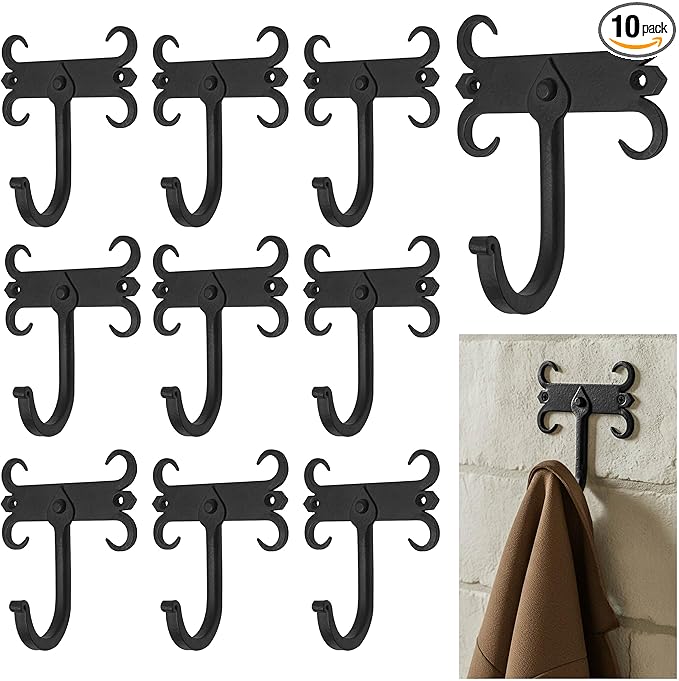 Mystic Colonial Rustic Cast Iron Wall Hooks, Heavy Duty Retro Utility Hooks for Hanging Coat, Bag, Towel, Robe, Hat and More, Mounting Hardware Included, Pack of 10