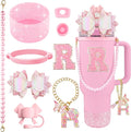 9PCS Pink for Stanley Cup Accessories Set Bling Initials Bow Charms for Stanley Decorations 30/40 Oz Tumbler Accessories Including Bow Straw Topper, Handle Strap, Spill Stopper（Letter R）