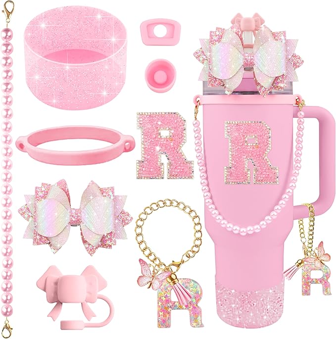 9PCS Pink for Stanley Cup Accessories Set Bling Initials Bow Charms for Stanley Decorations 30/40 Oz Tumbler Accessories Including Bow Straw Topper, Handle Strap, Spill Stopper（Letter R）