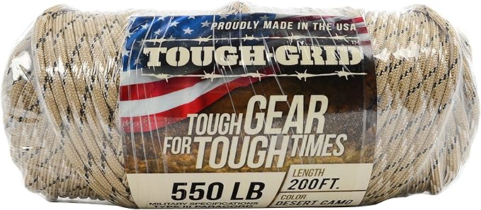 TOUGH-GRID 550 Paracord, Type III Mil-Spec Nylon Rope - 200 Ft Desert Camo Tactical Survival Cord
