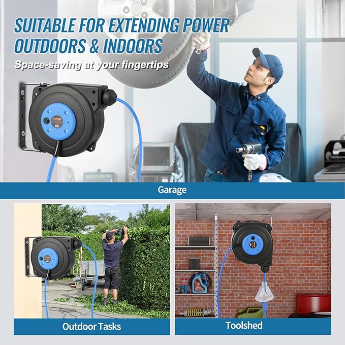 VEVOR Retractable Extension Cord Reel, 30 FT, Heavy Duty 16AWG/3C SJTOW Retractable Power Cord Reel with Lighted Triple Tap Outlet 10 Amp Circuit Breaker, for Ceiling or Wall Mount, Blue