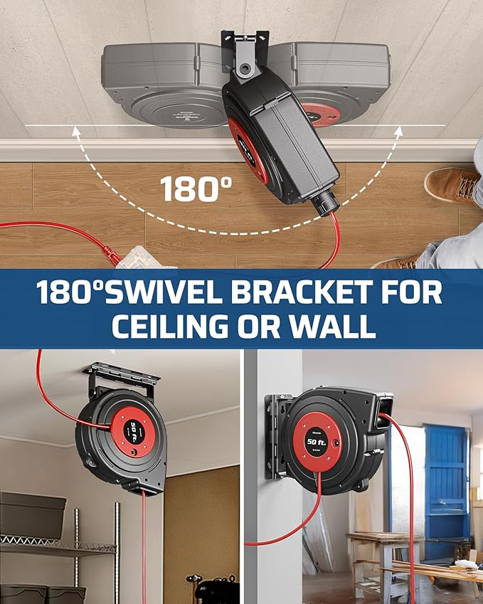 DEWENWILS 50FT Extension Cord Reel with 6 Grounded Outlets, Retractable Extension Cord Reel, 14/3C SJTOW, Twist-lock Stopper, 13A Circuit Breaker, Heavy Duty Power Cord, ETL Listed
