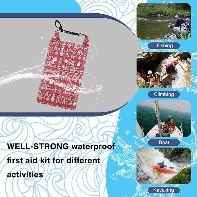 Boat First Aid Kit Waterproof, WELL-STRONG Marine Emergency Kit with Roll Top Dry Bag for Boating Fishing Kayaking – Water-Resistant Contents for Camping & Beach（Christmas）
