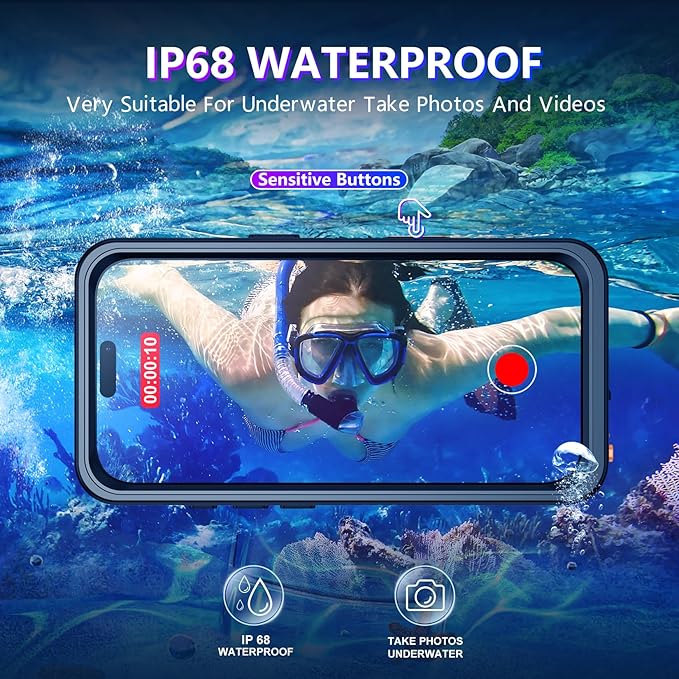 Temdan Compatible with iPhone 16 Pro Case Waterproof, Compatible with MagSafe Built-in Screen & Camera Protector IP68 Underwater Full Body 16FT Military Dropproof Shockproof Phone Case 6.3"-Black