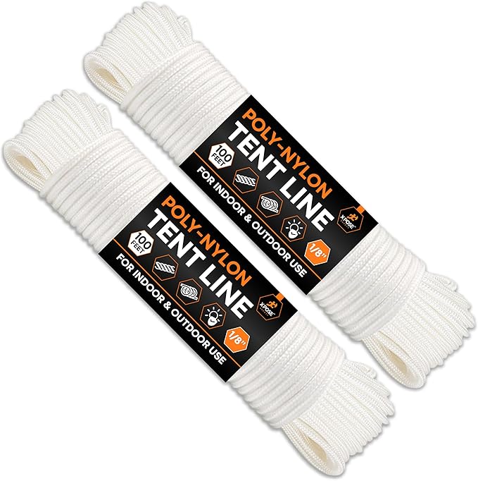 Line Nylon Cord - 100 Ft White Reflective Guyline - Camping Rope, Guy Lines, Tie Down Rope - Tent Accessories & Cordage (Pack of 2)