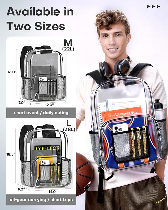 HOTOR Clear Backpack - Multi-Pocket Bookbag, Cold-Resistant PVC Waterproof Work Bag & College Backpack with Padded Shoulder Straps for Travel, Festival, 18.5" x 14.0" x 9.0", Black