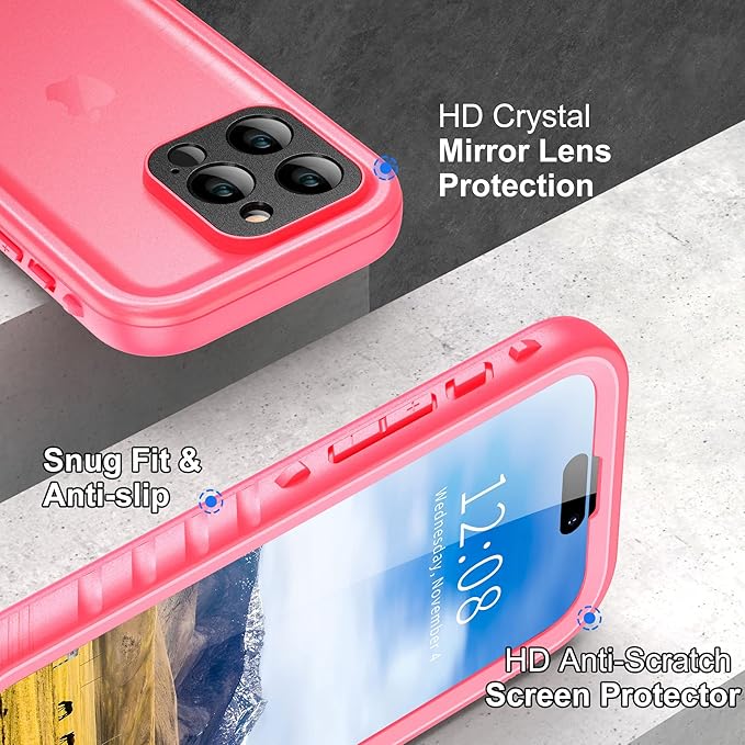 SPORTLINK Design for iPhone 14 Pro Waterproof Case - Shockproof Dustproof Phone Case with Screen Protector, Full Body Protective Case for iPhone 14 Pro, 6.1'' Pink
