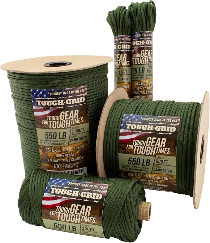TOUGH-GRID 550 Paracord, Type III Mil-Spec Nylon Rope - 100 Ft Camo Green Tactical Survival Cord