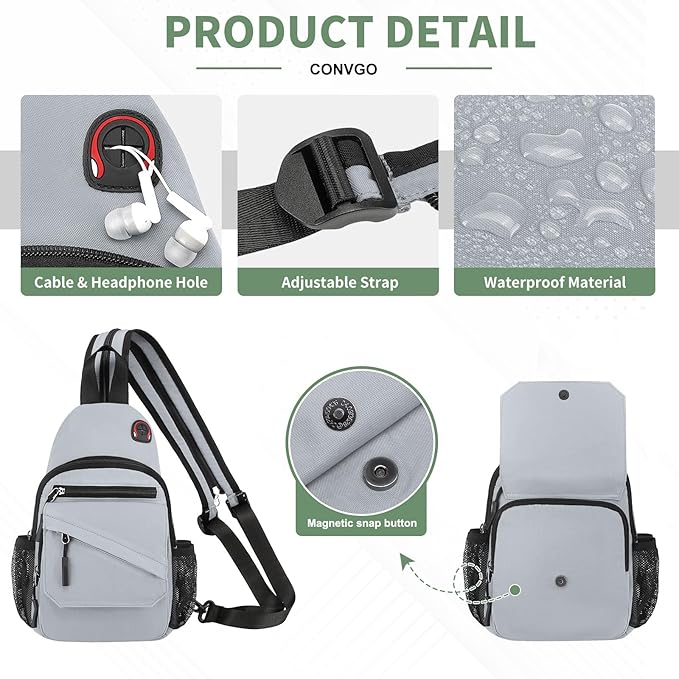 Small Crossbody Bag Casual Sling Bag for Men, Convertible Backpack, 3-in-1 Anti-Theft Shoulder Bag Trendy Daypack for Travel, Light Grey