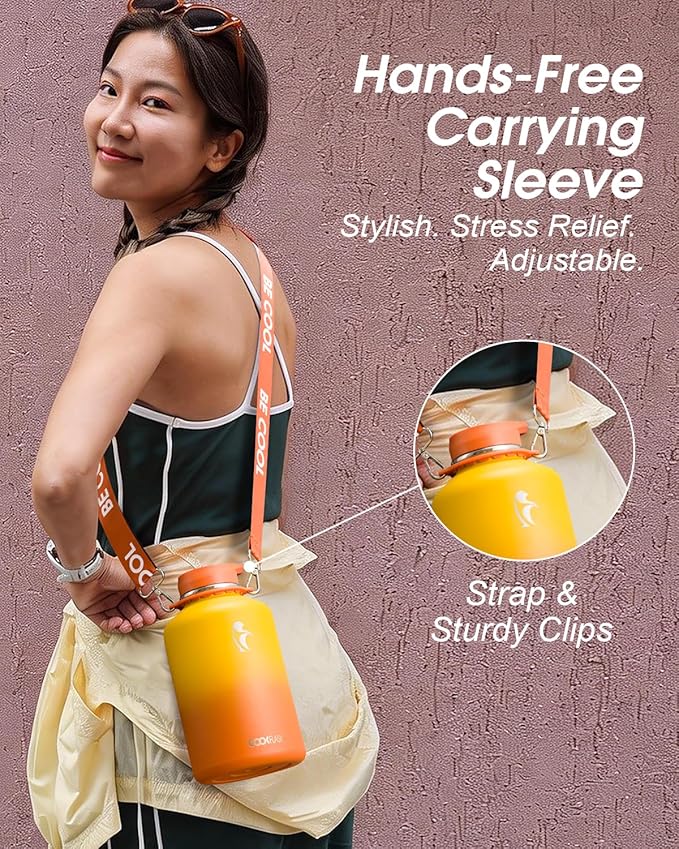 Coolflask Half Gallon Water Bottle with Strap, 64oz Insulated Water Jug Stainless Steel with Straw & Spout Lids, Metal Large Water Flask, Keep Cold 48h Hot 24h, Leak Proof, Non-BPA, Yellow/Orange