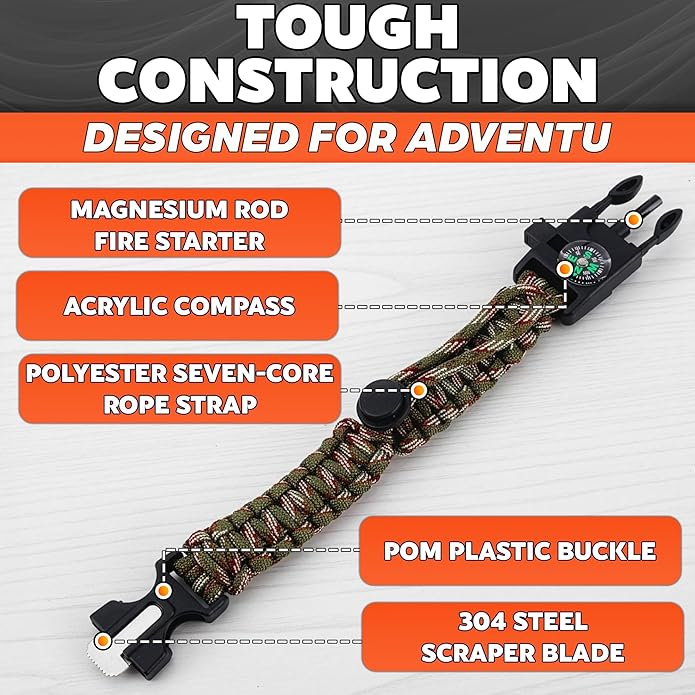 Paracord Bracelets for Men and Women – Adjustable Survival Paracord Bracelet with 10 ft Nylon Survival Cord, Flint Fire Starter, Compass, Whistle & Scraper – Gear for Camping, Hiking, Fishing & Travel