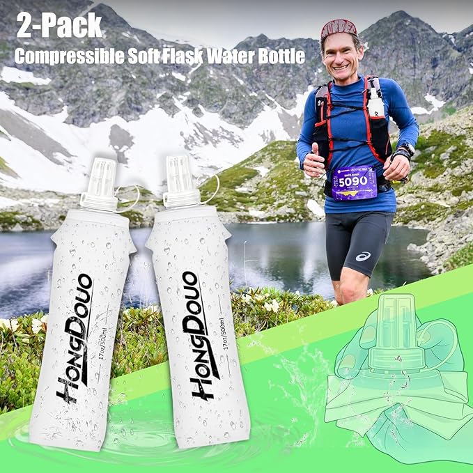 2PCS Running Vest Soft Flask, BPA-Free Soft Flasks 17oz/500ml TPU Collapsible Water Bottle for Hydration Backpack, Folding Running Water Bottles for Marathon Hiking Cycling Climbing
