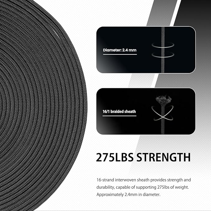 Abma Cord 2.4mm Paracord 275 100ft Nylon Rope 4 Strands Tactical Parachute Cord - Max. 275lbs - Black