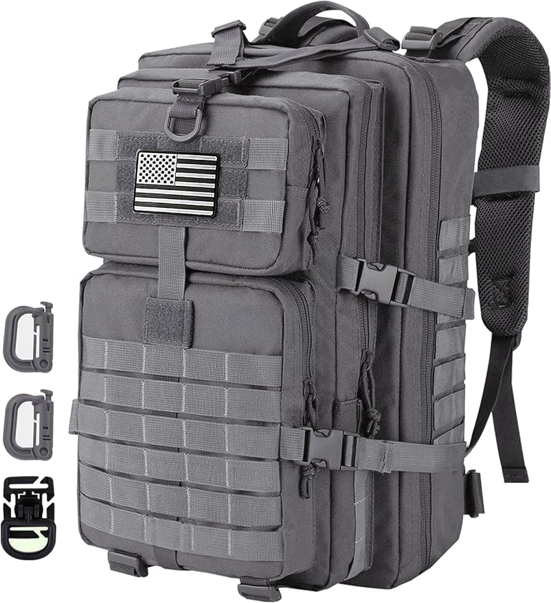 Hannibal Tactical MOLLE Assault Backpack, Tactical Backpack Military Army Camping Rucksack, 3-Day Pack Trip w/USA Flag Patch, D-Rings, Grey