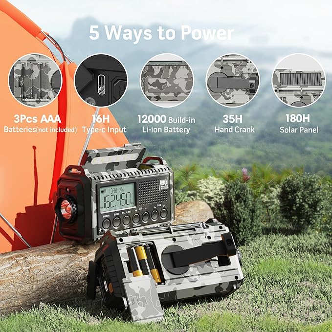 Mesqool Emergency Radio AM/FM/SW/NOAA Weather Radio, 12000 Battery Powered Rechargeable Hand Crank Solar Radio Flashlight Cell Phone Charger, SOS, Including Type-C Adapter Cord