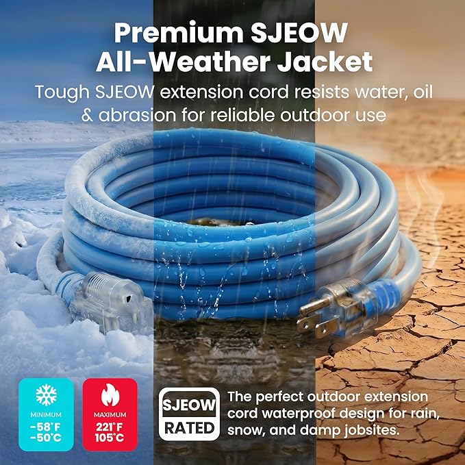GEARit 100 Ft Extension Cords 14/3 Gauge Outdoor/Indoor SJTW 14 AWG 3 Prong Heavy Duty Power Cable 13A 125V 1625W for Lawn, Garden, Appliances Blue