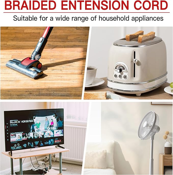 16/3 Braided Extension Cord 15 FT, Braided Extension Cord Flexible & Durable, Indoor 3 Prong Power Cable, Suitable for Home and Office, 13 Amp 1625 Watt 125VAC 16AWG, ETL Listed