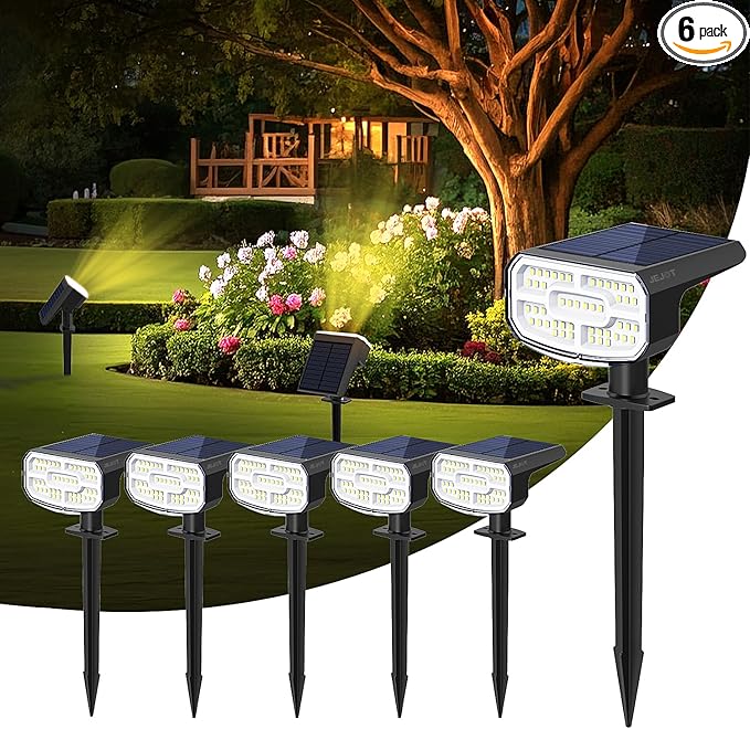 Solar Lights Outdoor Waterproof IP65,Auto On/Off, 2700K 2 Lighting Modes, Super Bright LED, Solar Powered Yard Garden Solar Spot Lights for Outside Landscape -6 Pack