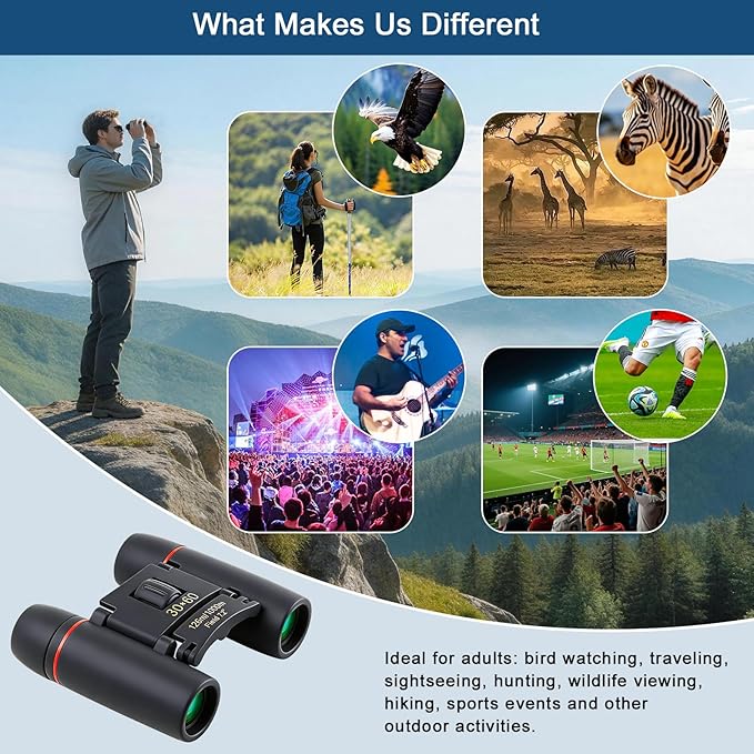 30x60 Mini Compact Binoculars for Adults Kids, HD Portable Waterproof Pocket Binoculars, Lightweight Folding Easy Focus for Bird Watching, Hunting, Concert, Theater, Travel Hiking Outdoor Sports