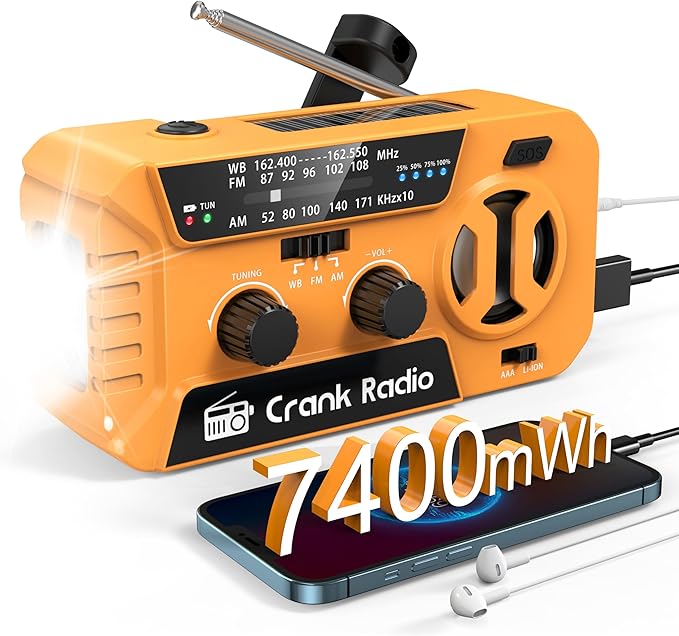 Emergency Weather Radio for Winter Storm, NOAA Weather Radio Hand Crank Emergency Radio with 7400mWh Power Bank, USB/Solar/Hand Crank, Battery Operated,Flashlight&SOS Alarm,for Emergency Survival Gear