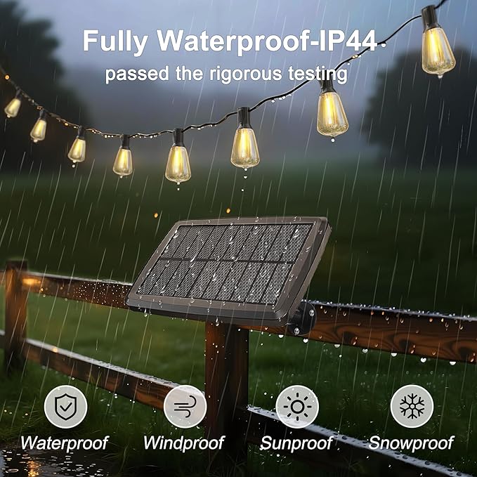 BLIATLUS 55FT Solar String Lights Outdoor Waterproof with Remote Control 15+2 Shatterproof LED ST38 Bulbs for Porch Garden Market Bistro Patio Backyard Fence