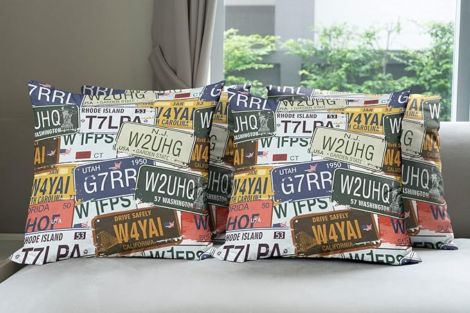 Ambesonne Vintage Decorative Throw Pillow Case Pack of 4, Original Retro Style License Plates Personalized Creative Travel Vacation, Cushion Cover for Couch Living Room Car, 18", Blue Green