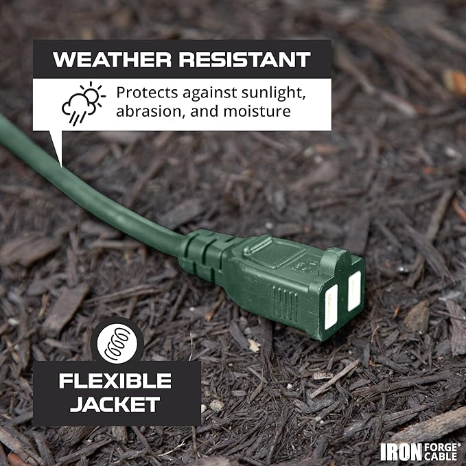 Iron Forge Cable 2 Prong Outdoor Extension Cord 50 ft, 16/2 Weatherproof Green Extension Cord for Outside, 13 Amp SJTW Power Cable for Outside & Landscaping - US Veteran Owned