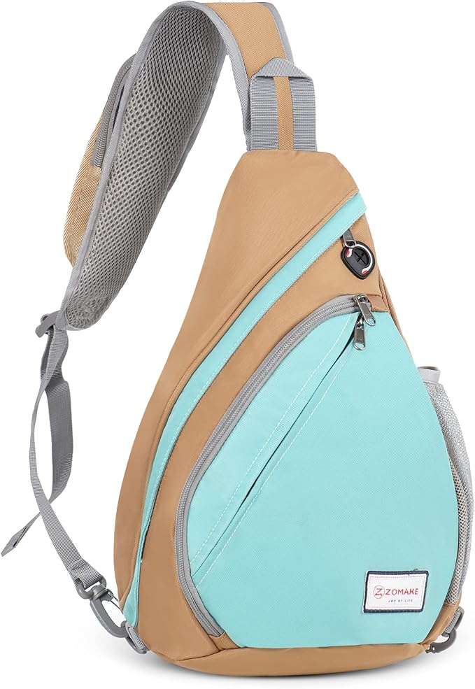 ZOMAKE Sling Bag,Small Crossbody Sling Backpack,Water Resistant Shoulder Daypack for Travel,Anti Thief Chest Bag for Hiking(Brown,Cyan)