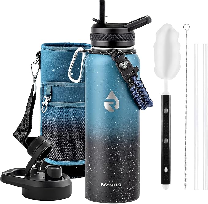 RAYMYLO Insulated Water Bottle 40 oz, Triple Wall Vacuum Stainless Steel (Cold for 36Hrs, Hot for 18Hrs), Leak Proof & Non-BPA, Modern Water Flask Jug with Paracord Handle & Straw Spout Lids