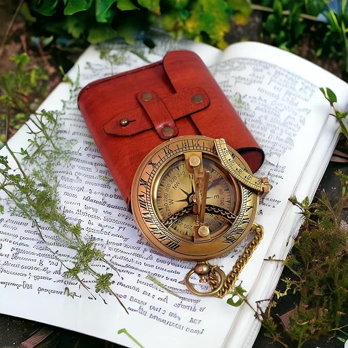 Vintage Brass Sundial Compass with Leather Case – Antique Nautical Navigation Tool, Engraved Marine Compass, Outdoor Hiking Camping Gift for Men, Father, Husband, Explorer