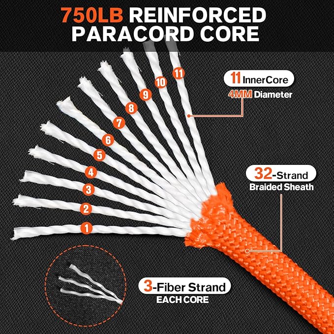 Paracord Rope 750 - Parachute para Cord 4mm 11 Strand Spool Rope Utility Nylon String for Outdoor Camping Survival Utility Tent Crafting DIY Projects - Orange 500ft