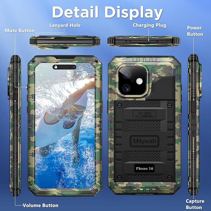 Mitywah Waterproof Case for iPhone 16, Shockproof Heavy Duty Case with Built-in Screen Protector, Underwater Full Body Protective Metal Case 6.1 inch, Camouflage