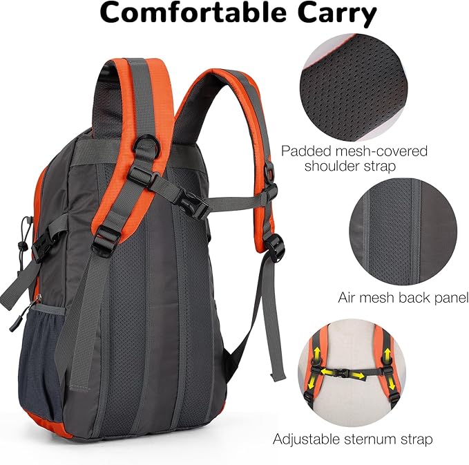 25L Small Hiking Backpack with Chest Strap for Men Women, Waterproof Travel Backpack Day Pack, Lightweight Padded Hiking Daypacks for Camping Traveling Outdoor Sports, Orange