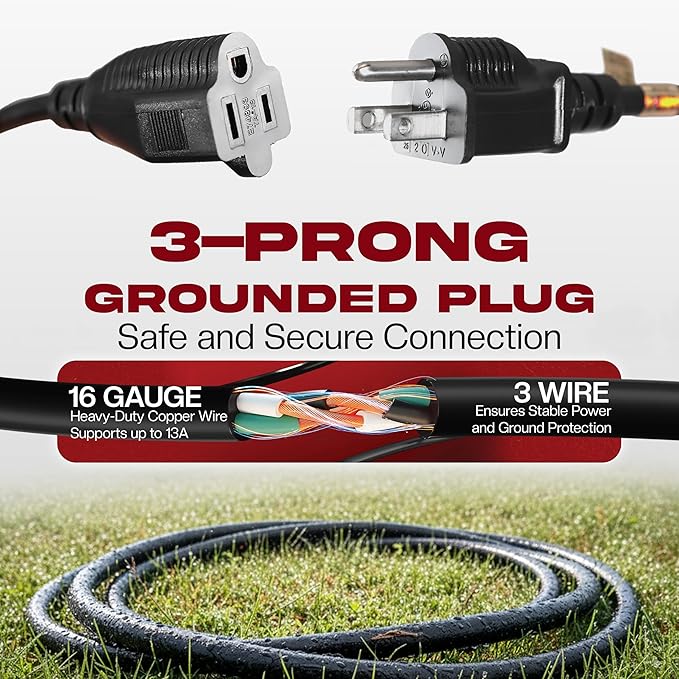 10ft Black Extension Cord, 16/3 SJTW Heavy-Duty, 10' Cable 3-Prong Grounded Plug, Weather-Resistant Power Strip, UL Listed, 13 Amp/1625 Watt Capacity, 10-Foot Extension Cords for Indoor/Outdoor
