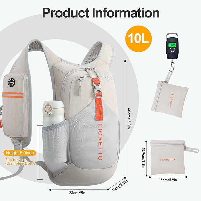 FIORETTO 10L Hiking Backpack for Women Men Mini Packable Backpack Lightweight Small Daypack for Camping Travel Outdoor, Beige