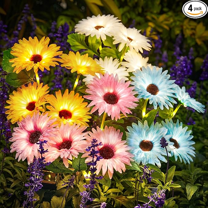 WdtPro Solar Lights Outdoor Garden Decor, 4 Pack Garden Lights with 16 Glowing Daisy Flowers, Solar Flowers Outdoor Waterproof for Outside Yard Patio,Gifts
