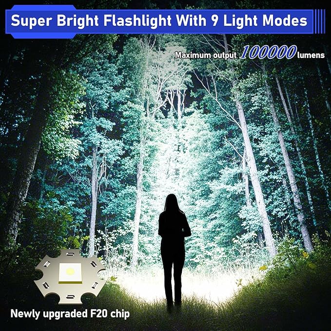 JAY-PARK Flashlights High Lumens, Rechargeable Flashlight 100000 Lumens with Magnetic, Bright Flash Light 9 Modes with 5000 mAh Battery, Tactical Flashlight for Camping, Hiking, Dog Walking