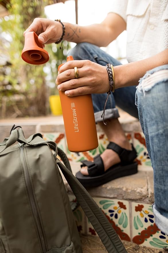 LifeStraw Go Series – Insulated Stainless Steel Water Filter Bottle for Travel and Everyday Use, Removes Bacteria, Parasites and Microplastics, Improves Taste, 18oz Kyoto Orange