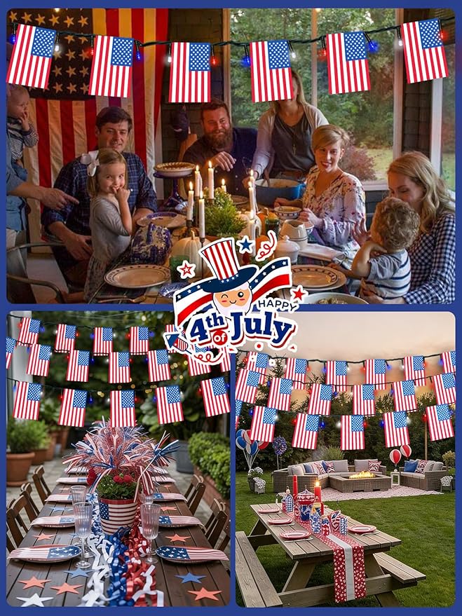 2 Pack 4th of July Decorations, Solar American Flag Lights Outdoor with 8 Modes, 37.6FT 50 USA Flags & 100 Red White and Blue LEDs Patriotic Lights Waterproof for Independence Day 250th Anniversary