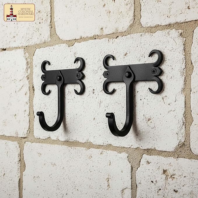 Mystic Colonial Rustic Cast Iron Wall Hooks, Heavy Duty Retro Utility Hooks for Hanging Coat, Bag, Towel, Robe, Hat and More, Mounting Hardware Included, Pack of 10